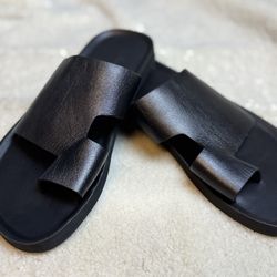 Black Genuine Leather Slide Sandals Minimal Open Toe Comfort Men’s US 10