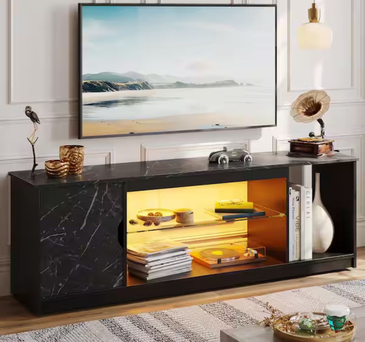 58 in. Black Marble Color Gaming TV Stand Fits TV's up to 65 in. with Storage Cabinet and LED Lights Glass Shelves