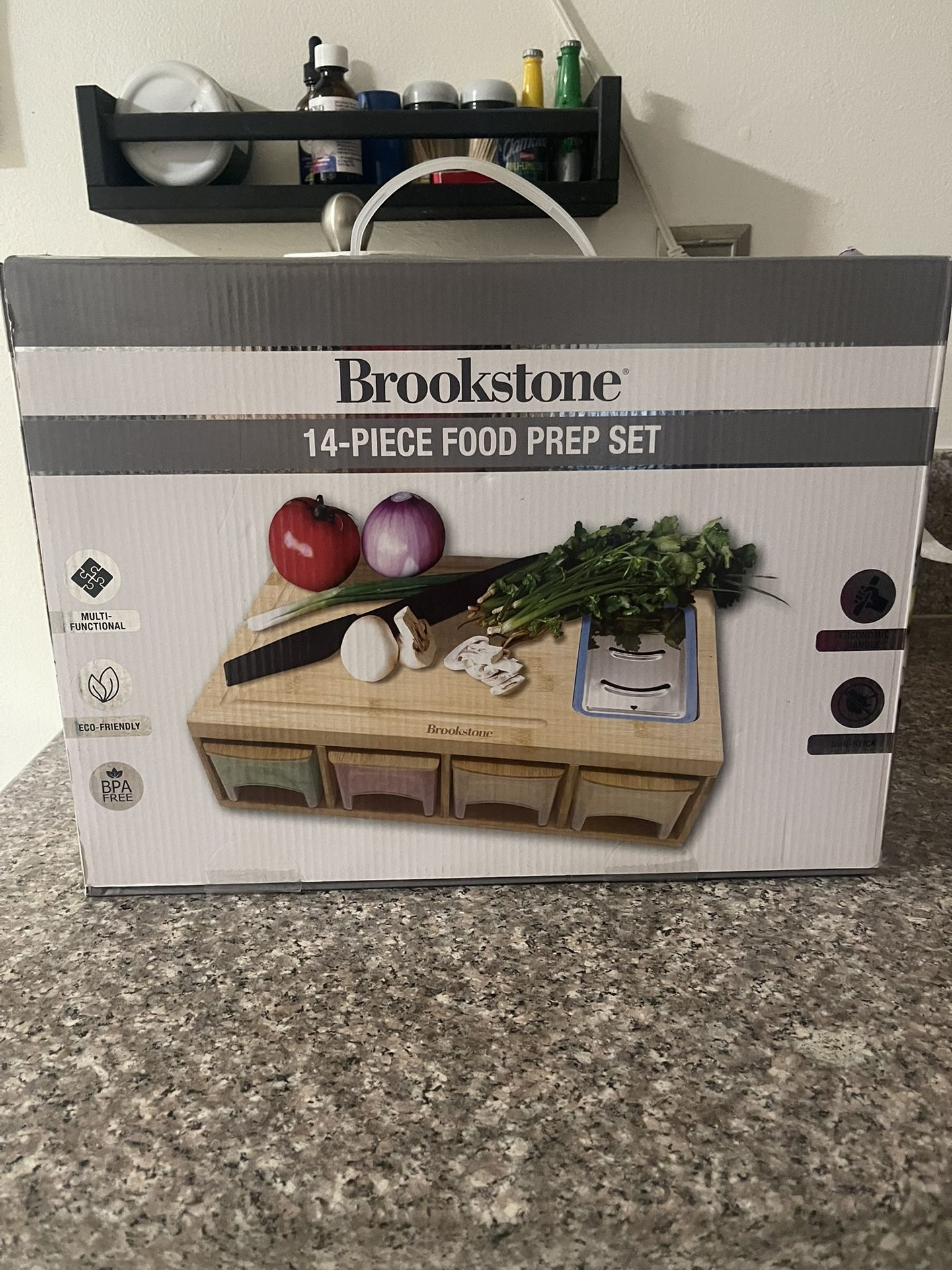 Brookstone 14 PC Food Prep Set Bamboo Grater Slicer Knife Cutting Board Lids