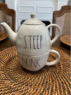 New Rae Dunn artisan collection ceramic stackable teapot and saucer for one