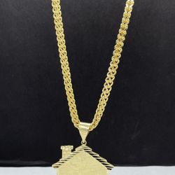 14k Gold franco chain and trap house 🏚️, necklance gold pendant