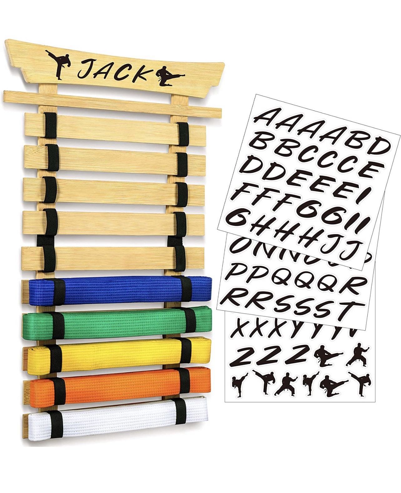 Bamboo Karate Belt Display Rack, 10 Belt Taekwondo Belt Display, Martial Arts Belt Hanging Holder for Kids and Adults Gifts, 13.8" Width, No Assembly