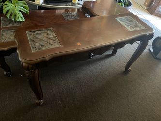 Dark Wood Coffee Table Set with Glass Inlays