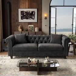 82 Inch Chesterfield Sofa, 23 Inch Deep Seat Velvet Couch for Living Room, Button Tufted Couch with Rolled Arms, 2 Throw Pillows, Comfy Vintage Lovese
