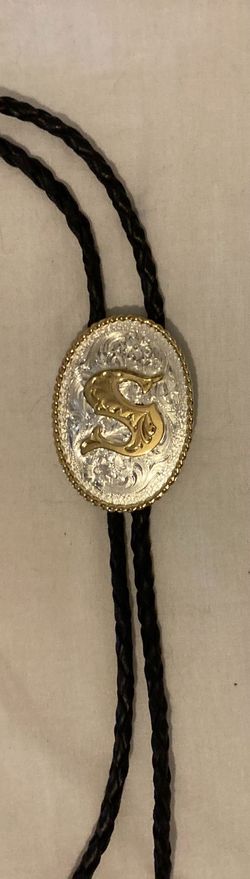 Vintage Metal Bolo Tie, Nice Silver and Brass, Letter S, Initial S, Nice Western Design, 2" x 1 1/4", Quality, Heavy Duty, Made in USA, Country & West