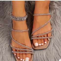 Rhinestone Flat Slip-On Sandals, Casual Comfortable Outdoor Wear For Women size 8