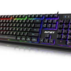 NPET K10 Wired Gaming Keyboard, LED Backlit, Spill-Resistant Design, Multimedia Keys, Quiet Silent USB Membrane Keyboard for Desktop, Computer, PC (Bl