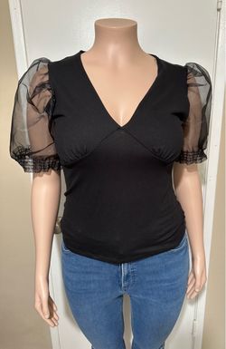 Women's Black V-Neck Puff Sleeve Sheer Top