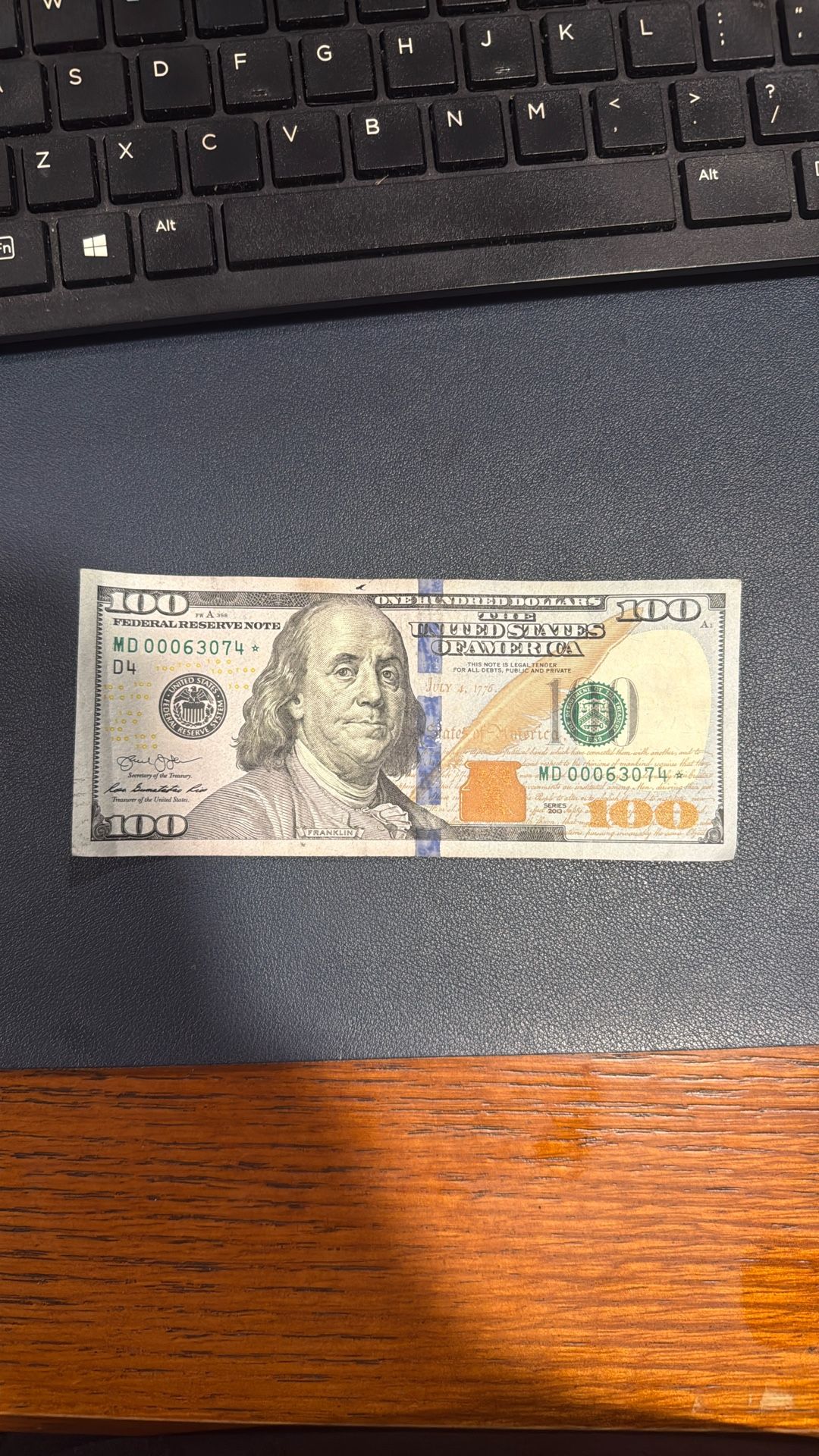 $100 Star Note Low Serial Number 00063074