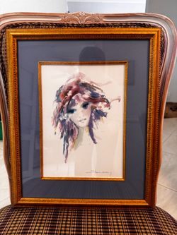 Signed Watercolor Portrait Painting Gold Frame