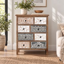 LuxenHome 8-Drawer 32.25 in. x 25.75 in. Rustic Carved Wood Accent Chest, IF954
