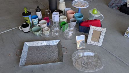 Cups , trays , clear trays, cups  , vases , little frames , candles holders etc