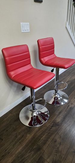 PU Leather Bar Stools, Modern Square Adjustable Swivel Barstools with Back, Red set of 2