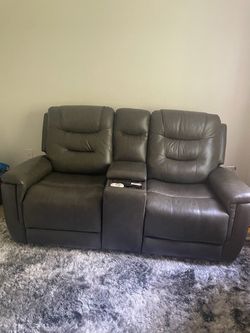 Gray Leather Reclining Loveseat with Console