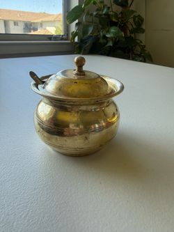 Solid Brass Ghee Pot with Lid & Spoon – $30