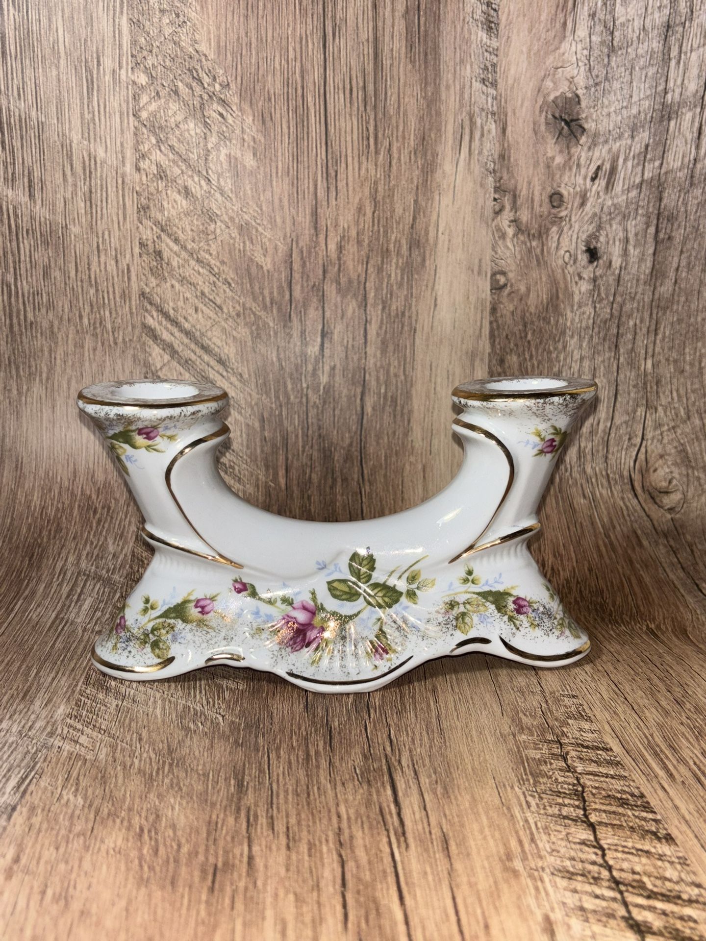 Vintage Chodzież Porcelain Candle Holder – Double Taper Holder with Pink Floral & Gold Trim – Made in Poland