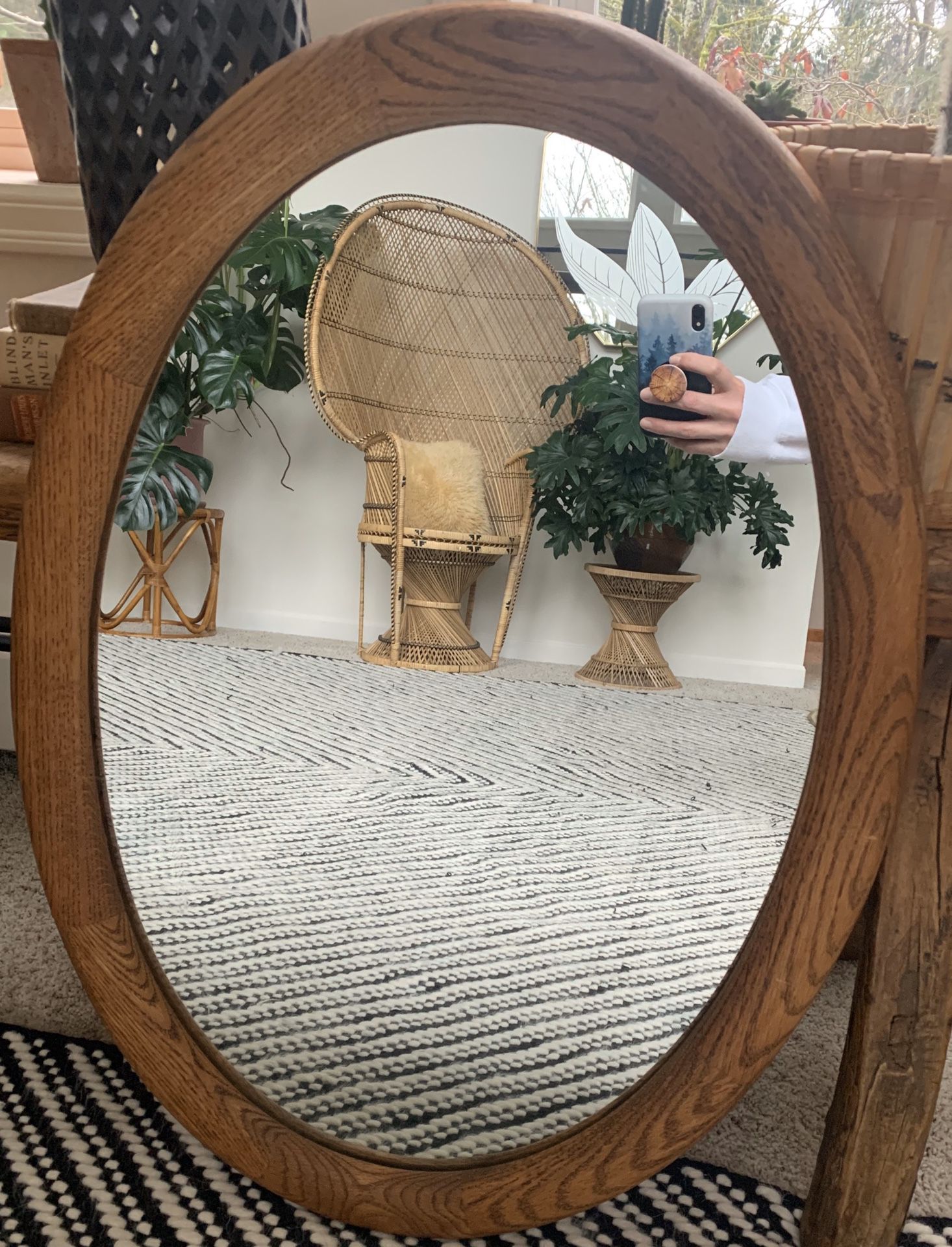 • vintage oak framed oval wall hanging mirror •