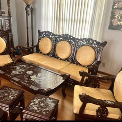 Chinese Hand Carved Dark Cherry Mother Of Pearl Inlay Set