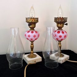 Vintage Fenton Cranberry Pink Coin Dot Marble Base Electrical Lamps (Set of 2)