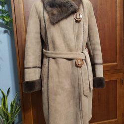 WOMEN'S GENUINE SHEEPSKIN FUR LEATHER SHEARLING COAT with MINK COLLAR SIZE S/M ITALYhi 
