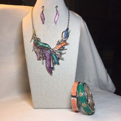 Colorful Pastels Statement Necklace, With Matching Earrings and Two Enamel Bracelets Set