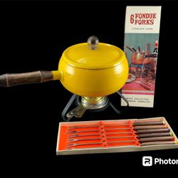 Vintage Japan Enamel Ware Harvest Gold &  Wood Handle Fondue Pot, Burner,  6 Fondue Forks 
