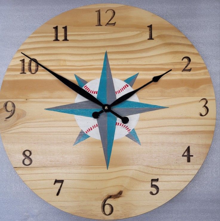 17.5" Round x 1" Thick Wood, Laser Burned,  Hand Painted Sports Team Clock