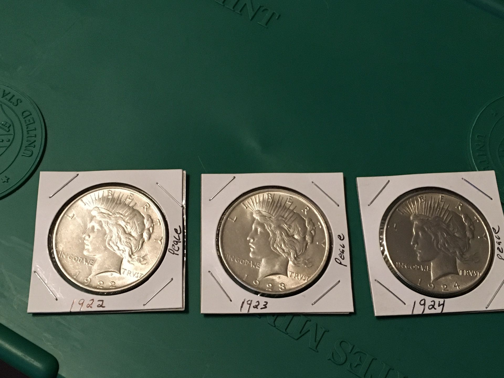 Lot of 3 Peace Dollars 1922, 1923 & 1924. 90% Silver. Higher Grade