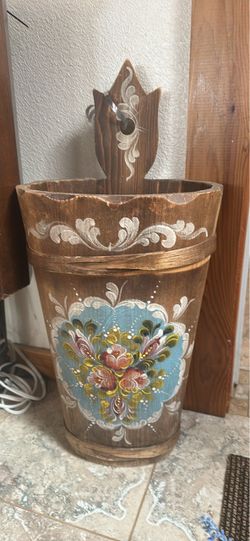 Vintage German Rosemaling Hand-Painted Wooden Wall Bucket