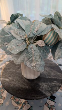 Poinsettia & Ball Arrangement In Vintage White Vase