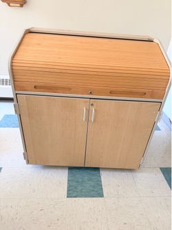 Great strong condition  commercial-grade roll-top (tambour door) media/stereo cabinet with older Sony and JVC audio components installed inside.