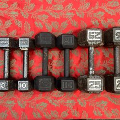 PAIRS OF STEEL HEX DUMBBELLS  ( 10s  15s  25s )