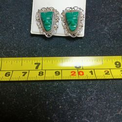 Vintage Carved Green Onyx Mexico Sterling Earrings