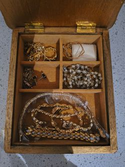 Wooden Jewelry Box with Assorted gold toned sterling silver Jewelry
