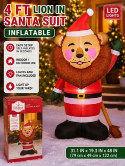 4 FT Christmas Lion in Santa Suit Inflatable