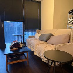 Brown and Black Coffee Table and One Short Side Table