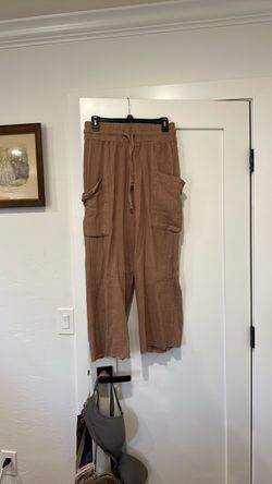 Tan Gauze Cargo Drawstring Pants