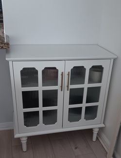 Vintage Style Wood Cabinet Cupboard Sideboard With Ribbed Glass Doors
