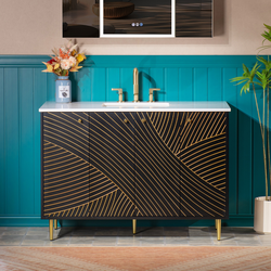 BRIS-BG-48  WOODBRIDGE 48" Modern Bathroom Vanity with White Engineered Stone Top & Undermount Sink – Hand-Painted Black & Gold Accents, Slim Frame De