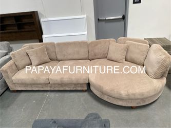 New 125” Deep Seating Comfortable Couch, Sectional, Large Sectional, Corduroy Sectional, Camel Beige Sectional, Brown Sectional With Round Chaise, Sof