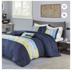 Navy blue, grey, blue, green twin/twin XL Comforter Bedding set.