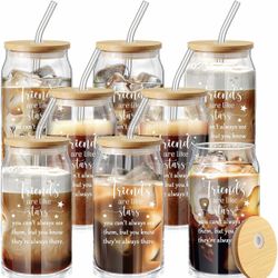 Zhehao 8 Pack Friendship Gifts for Women Friends, Graduation Gifts Bulk 16oz Iced Coffee Glass with Bamboo Lid and Straw Birthday Gifts Glasses for Si