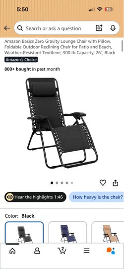 Amazon Basics Zero Gravity Lounge Chair, Black