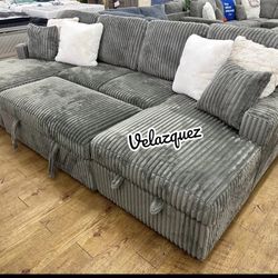 ✅️✅️3 pc Ash grey corduroy fabric sectional sofa with double storage chaise and pop up sleep area in center✅️✅️