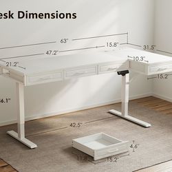 L Shaped Electric Standing Desk with Wooden Drawers, 63 Inch Height Adjustable Corner Workstation with Power Outlets, Sit Stand Table for Home, Office