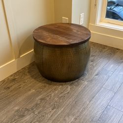 Hammered Metal Drum Coffee Table with Storage and Wooden Top