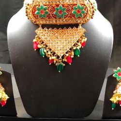 Choker Necklace With Big Jhumka Earrings Red Green
