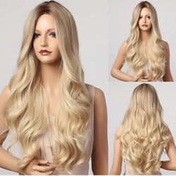 Human hair blend ombre blonde middle part wig