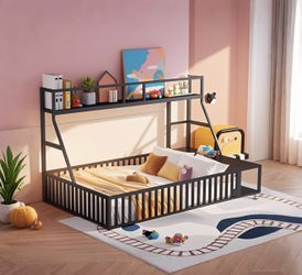 Metal Floor Bed Frame with Safety Fence and Storage Shelves