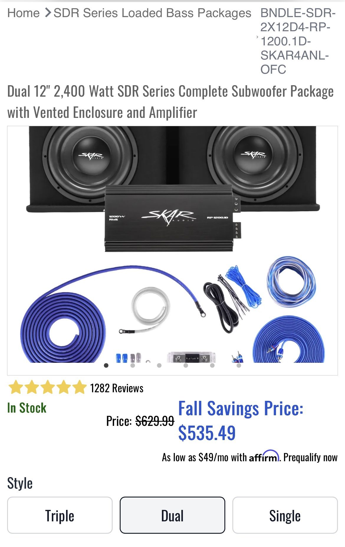DUAL 12” 2400 WATT SDR SKAR WOOFERS & 1500WATT SKAR AMP